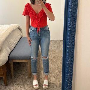 Anything Bling Tie Front Red Ruffle Crop Top